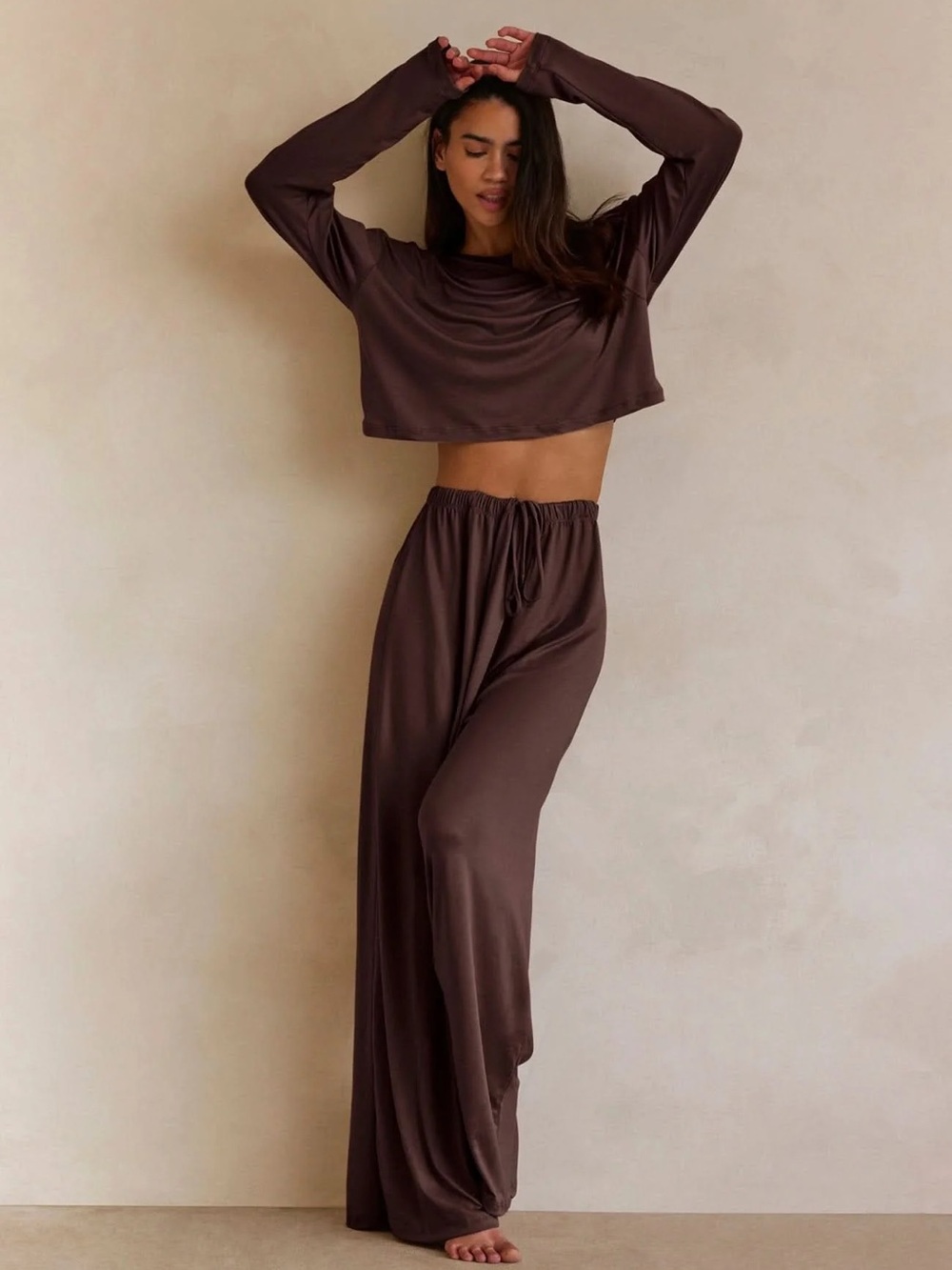 Wide-Leg Drawstring Lounge Pants AND crop top long sleeve in Chocolate Brown
